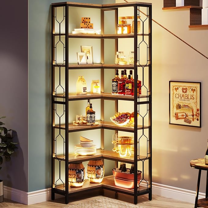 Tribesigns Corner Shelf, 7-Tier Industrial Corner Bookshelf, Wood and Metal - Image 7