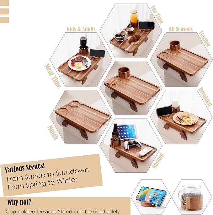 Nnewvante Couch Cup Holder Tray, 3 in 1 Large 15.36"x9.85" Acacia Wood Sofa Arm - Image 3