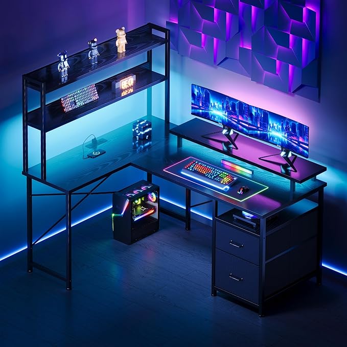 L Shaped Gaming Desk with Shelves, Reversible Computer Gaming Desk with LED - Image 2