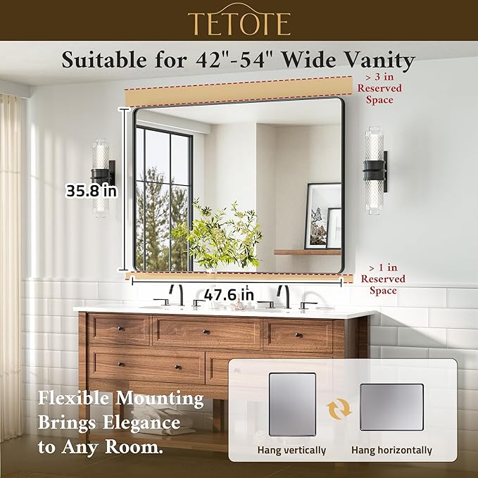TETOTE 48 x 36 Black Mirror Large Matte Black Bathroom Mirror, Tempered Glass - Image 7