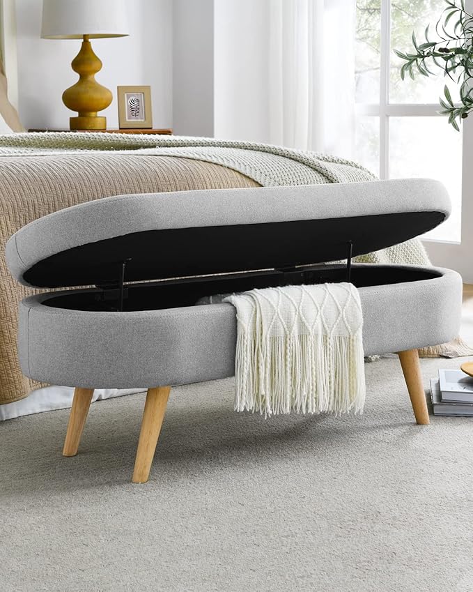 Oval Storage Bench 43.5" Linen Fabric Upholstered Entryway Bench by ECLYLFurniture