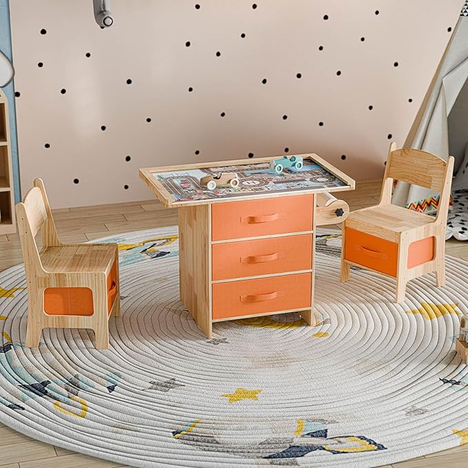 Pine Wood Kids Table and Chair Set 3 in 1 Wooden Toddler Table - Image 9