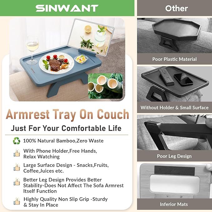 SINWANT Couch Arm Table, Bamboo Sofa Clip on Tray Tables, Sofa Armrest Tray - Image 6