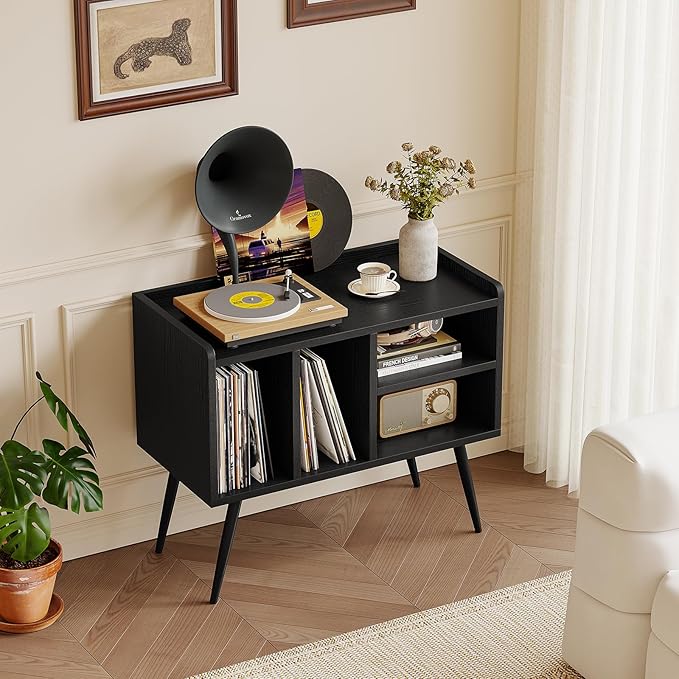 Record Player Stand with Vinyl Storage, Turntable Stand with Solid Wood Legs - Image 4