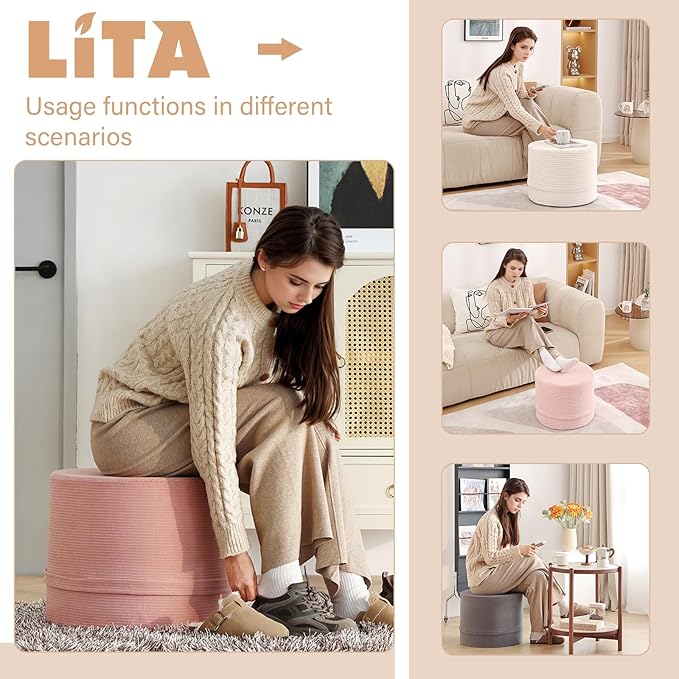 LITA Round Stuffed Pouf Ottoman, Corduroy Poufs - Image 6