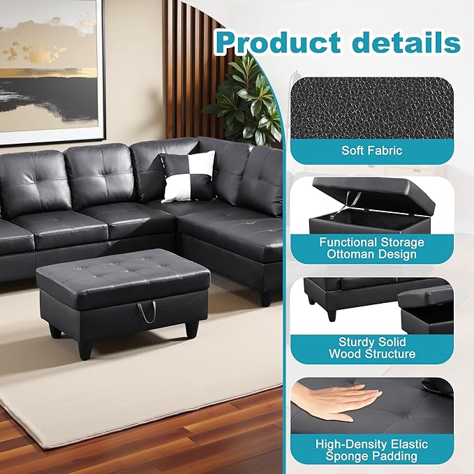 Couches for Living Room Faux Leather L Shaped Couch Comfy 3 Pieces Sectional - Image 5