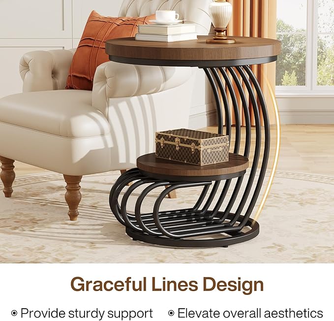 Tribesigns Round End Side Table: 2 Tiers Side Table Set of 2, Vintage End Table - Image 6