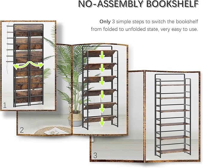 4NM No-Assembly 6 Tiers Folding Bookshelf Storage Shelves Vintage Bookcase - Image 6