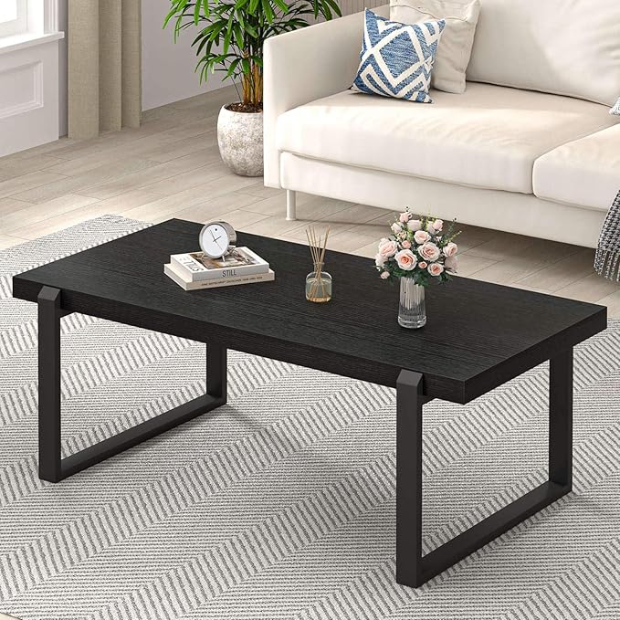 EXCEFUR Modern Black Coffee Table, Industrial Wooden and Metal Center Table by EXCEFUR