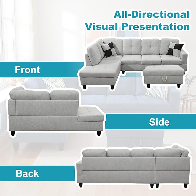 L Shaped Couch Modern Sectional Couch Upholstered Flannel Fabric 3 Pieces Sofas - Image 6
