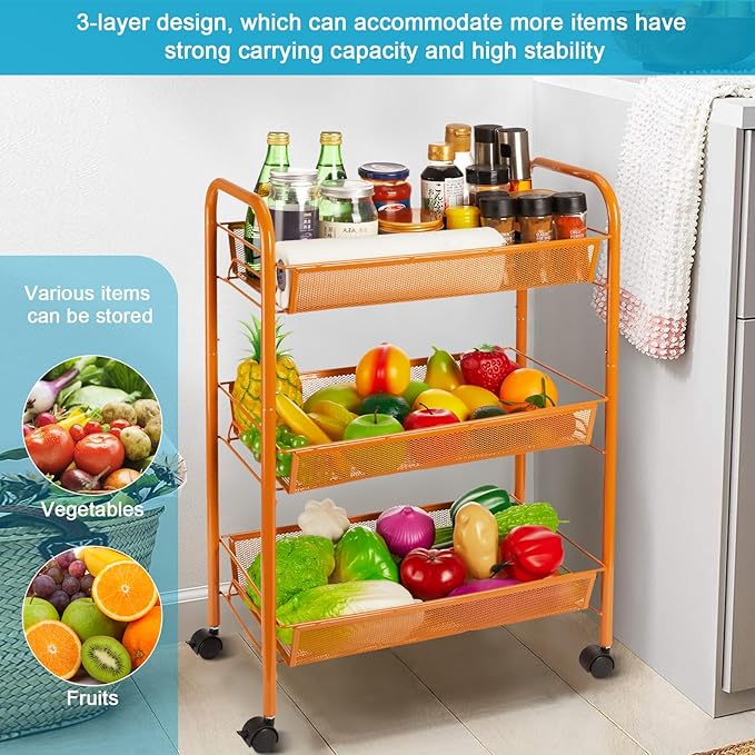 3-Tier Metal Rolling Cart, Storage Shelf - Image 5