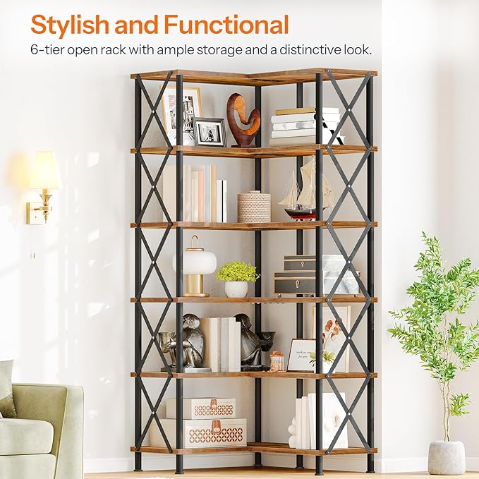 HOOBRO Corner Bookshelf, 6-Tier L-Shaped Bookcase, Industrial Open Display - Image 5