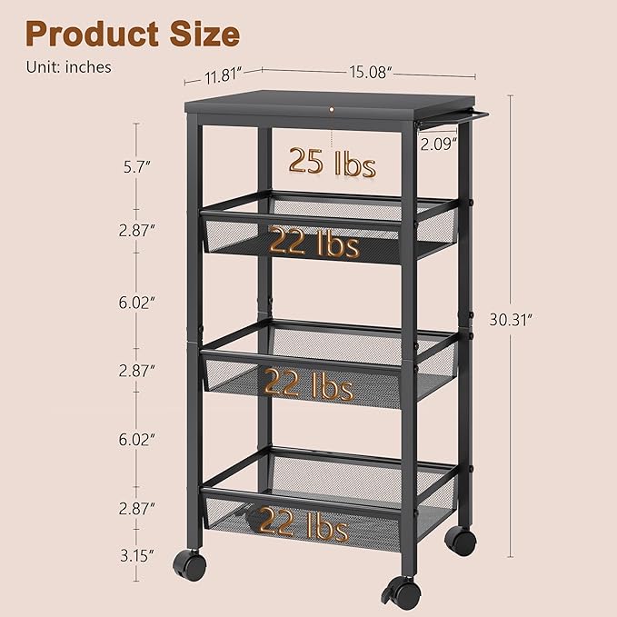 Hoctieon Rolling Storage Cart, 4-Tier Wide Panel Rolling Kitchen Storage Cart - Image 8