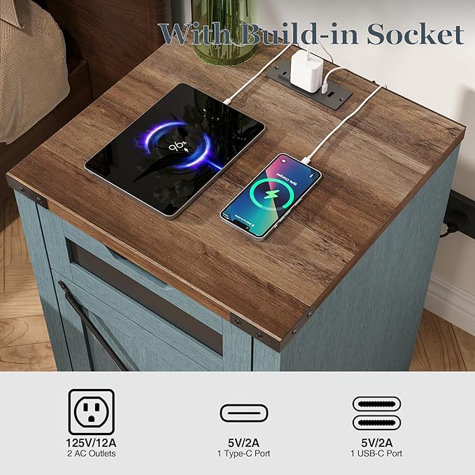 Farmhouse End Table with Charging Station, 26.4" Tall Rustic Nightstand with - Image 4