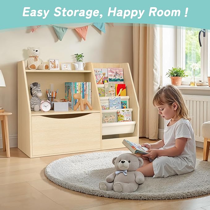 TOETOL 2 Tier Kids Bookshelf and Book Storage，4 Sling Toddler Bookshelf - Image 7