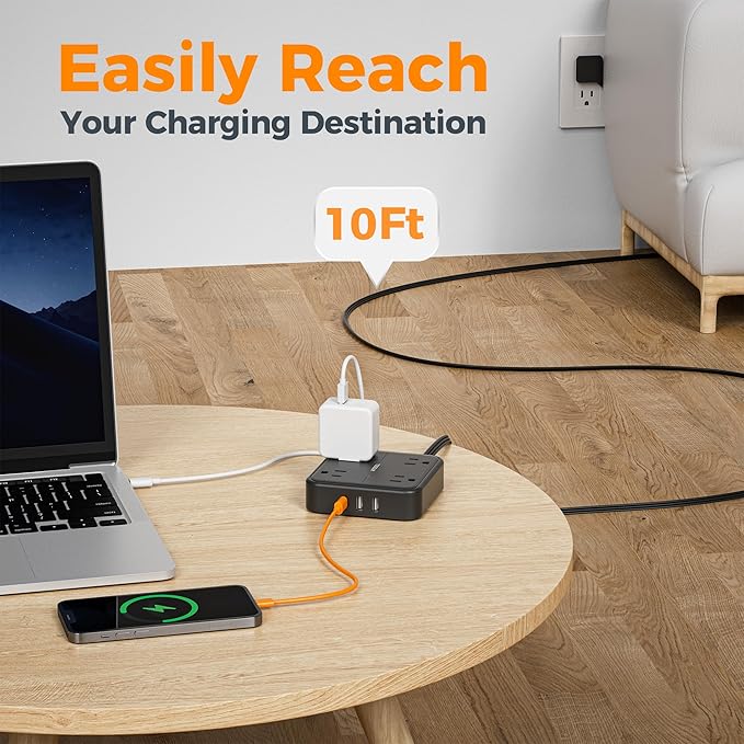 Surge Protector Flat Extension Cord 10FT, TESSAN Flat Plug Power Strip - Image 5