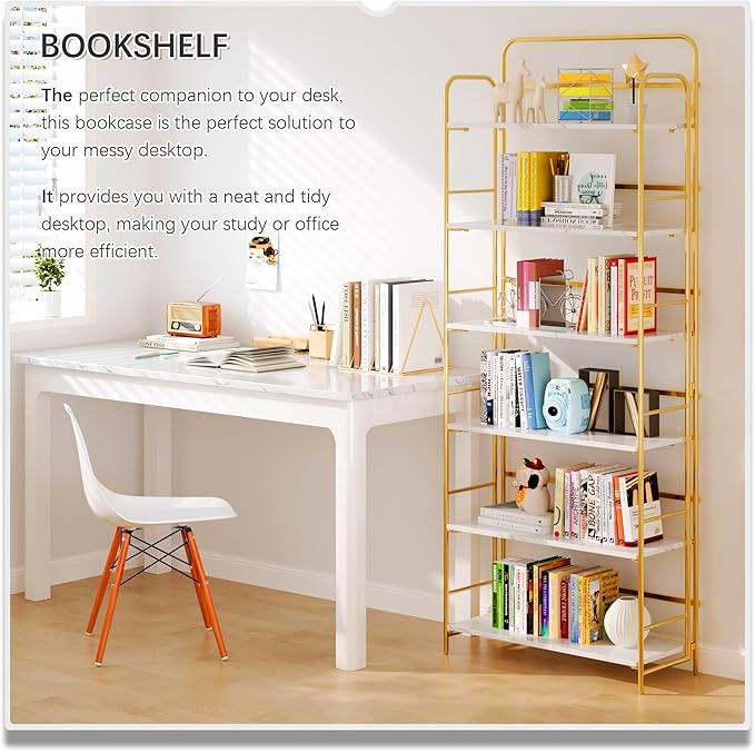 4NM No Assembly Folding Bookshelf 6 Tiers Vintage Industrial Gold Book Shelf - Image 3