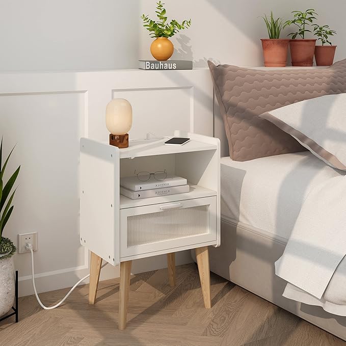 Nightstand with Charging Station, Bedside Tables, End Table Side Table with 2 - Image 2