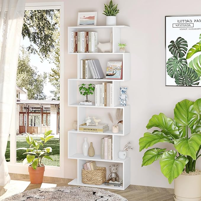 Yusong S Shaped Bookshelf, Modern Geometric Bookcase, 6-Tier White Display Case - Image 2