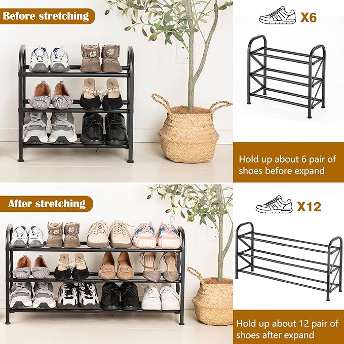 3-Tier Expandable Shoe Rack for Closet，Adjustable Shoe Rack，Black Metal Free - Image 5