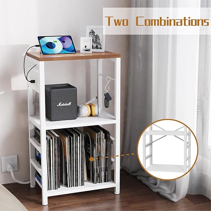 End Table with LED Light, Record Player Stand with Charging Station, Vinyl - Image 6