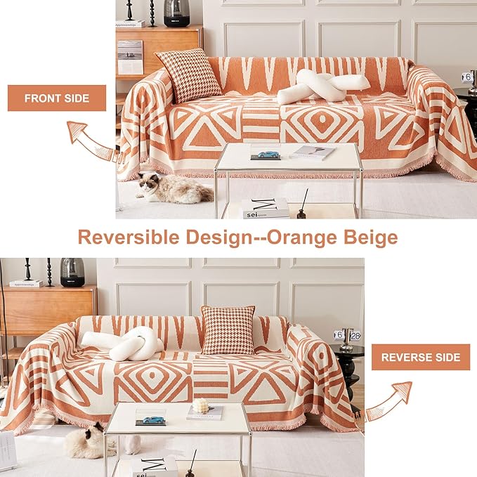 STACYPIK Soft Thick Boho Orange Loveseat Sofa Covers Modern Geometric Couch - Image 2