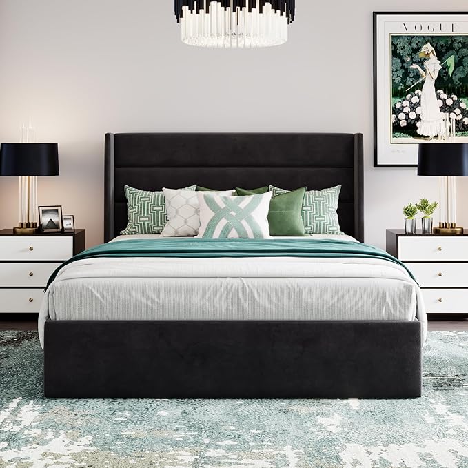 SHA CERLIN Queen Size Lift Up Storage Bed/Velvet Upholstered/Modern Wingback - Image 7