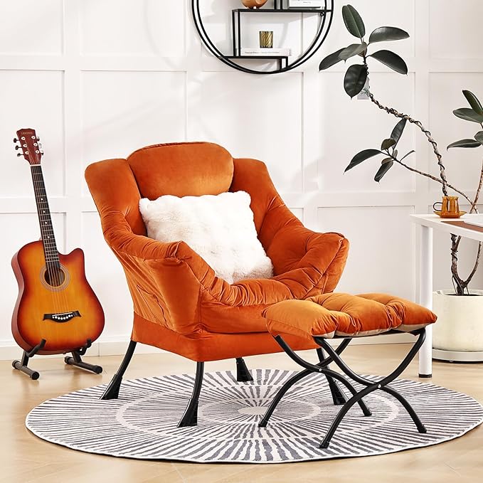 Lazy Chair with Ottoman, Comfy Reading Chair with Footstool & Throw Pillow - Image 2