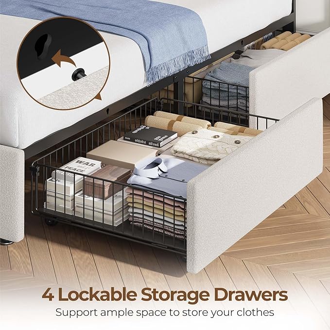 Rolanstar Twin Bed Frame with 4 Storage Drawers and Charging Station, Twin Bed - Image 5