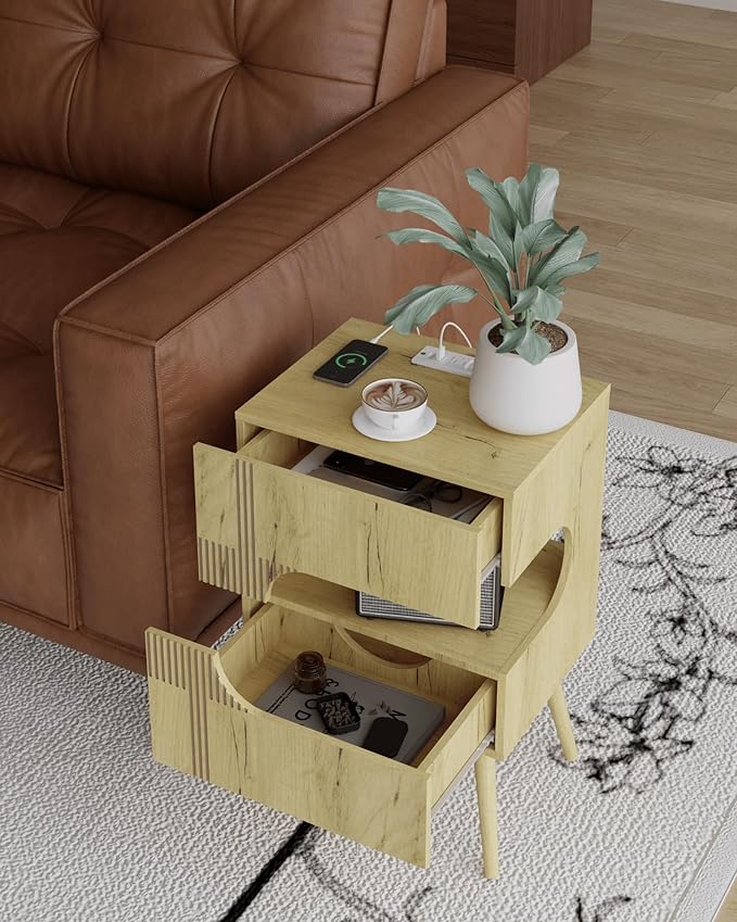 Nightstand with Charging Station and LED Lights, Modern Bedside Table with 2 - Image 6