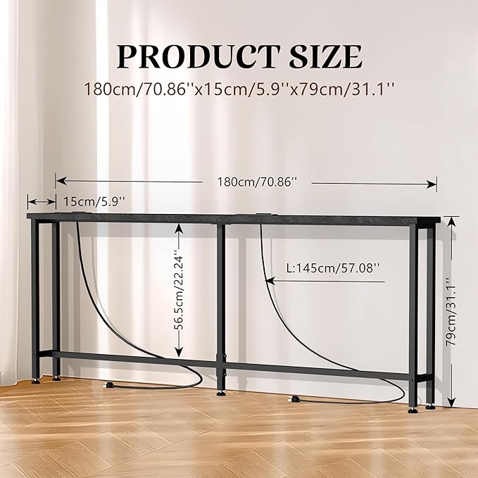 GRLEAF 70" Sofa Table with Built-in Power Strip – 4.9ft Power Cord, Metal Frame - Image 3
