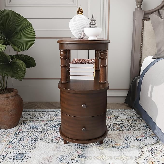 Wood End Table with 2 Drawers and Storage Shelf, Narrow Sofa Side Table - Image 3