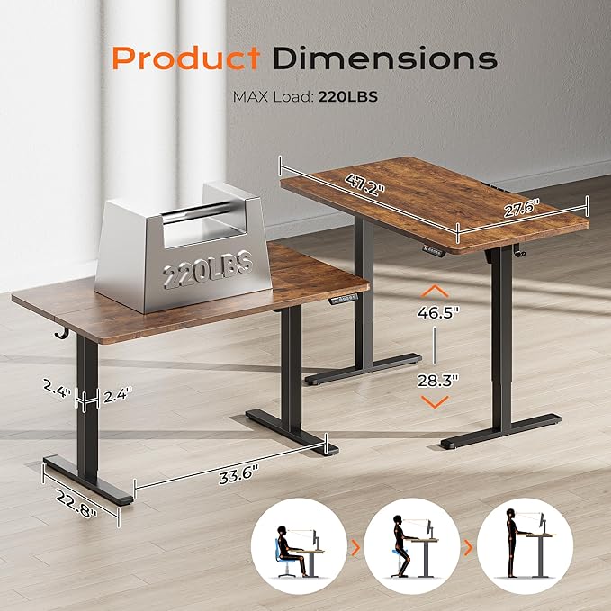 Huuger 48 x 28 Large Electric Standing Desk, Height Adjustable Desk, 27.6" Deep - Image 2
