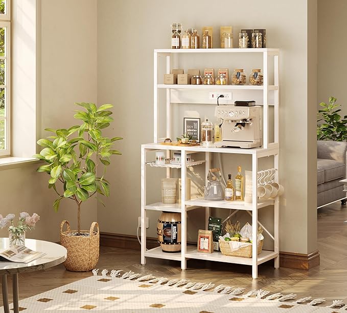 SUPERJARE Bakers Rack with Power Outlet, 35.4 Inches Coffee Bar with Wire Basket - Image 6