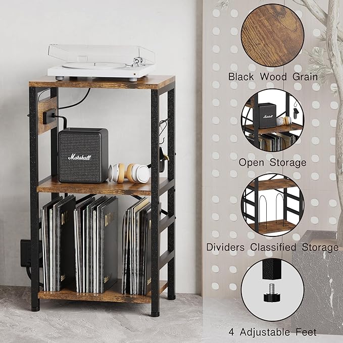 End Table with LED Light, Record Player Stand with Charging Station, Vinyl - Image 8