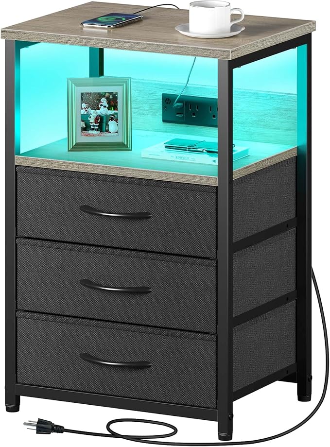 Seventable Nightstand with Charging Station and LED Light, Side Table with 3 by Seventable