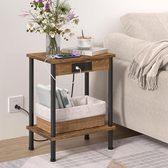 End Table with Charging Station, Small Side Table, 2-Tier Nightstand with - Image 2