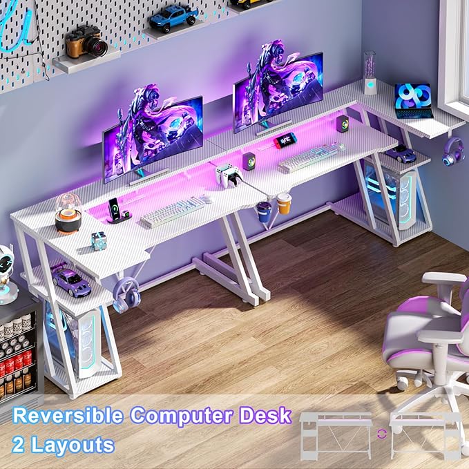 47 Inch White Gaming Desk with Power Outlet & LED Lights, Corner Computer Desk - Image 3