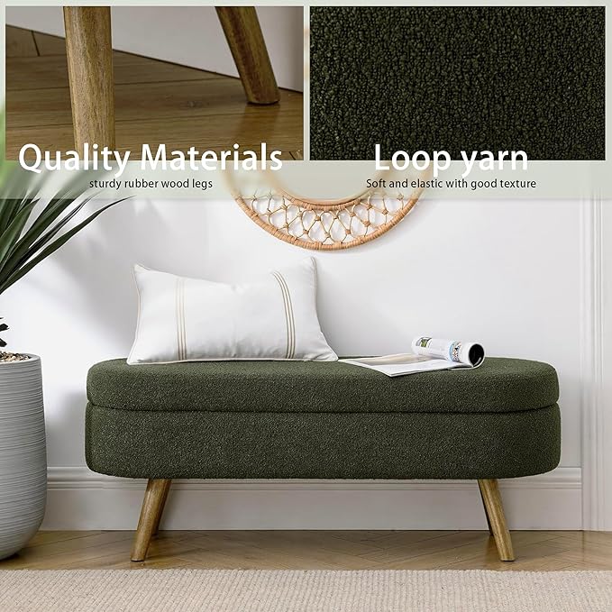 Oval Storage Bench 43.5" Linen Fabric Upholstered Entryway Bench - Image 8