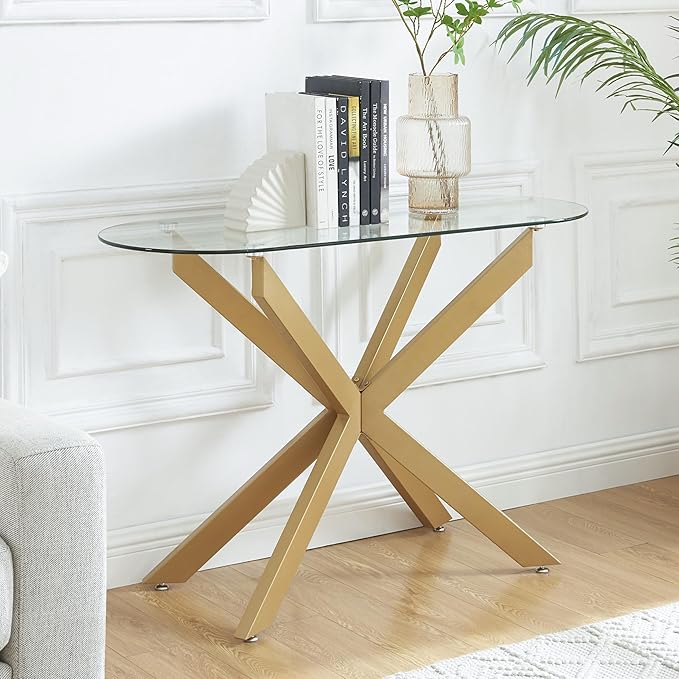 Gold Glass Oval Console Table, Modern Style Entryway Hallway Narrow Sofa Table by EdwinsChoice-ModernFurniture