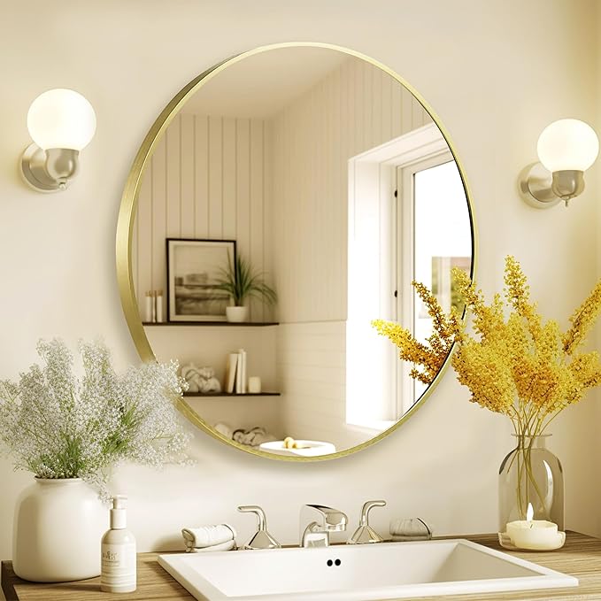 Gold Round Mirror 30 inch, Matte Gold Bathroom Mirror - Image 7