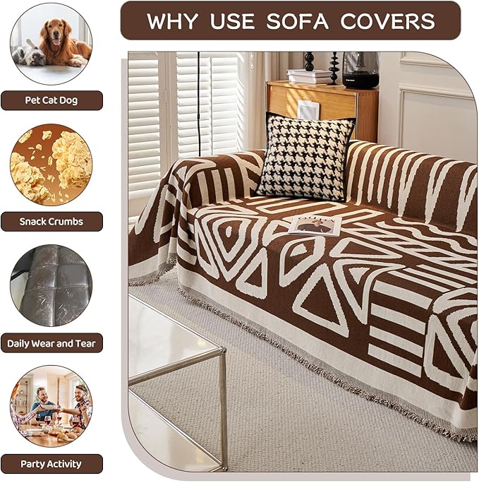 STACYPIK Boho Chocolate Beige Sofa Cover Anti-Slip Reversible Couch Cover - Image 2