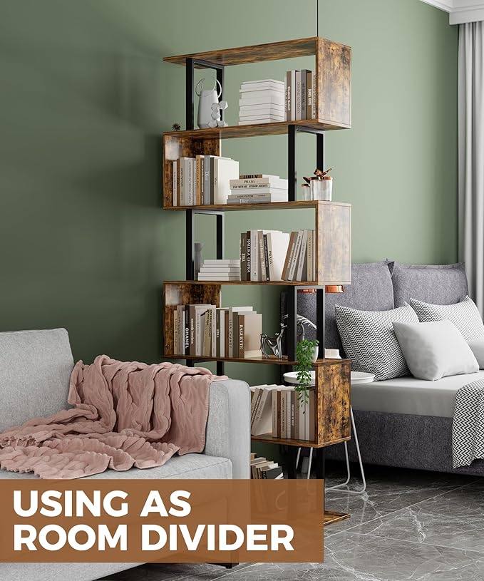 Gadroad 6 Tier Geometric Bookcase, S Shaped Bookshelf, Wood Decorative Storage - Image 5