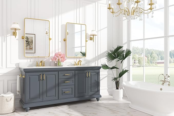 Keonjinn 24 x 36 Inch Pivot Mirror Bathroom, Brushed Gold Beveled Pivot - Image 2