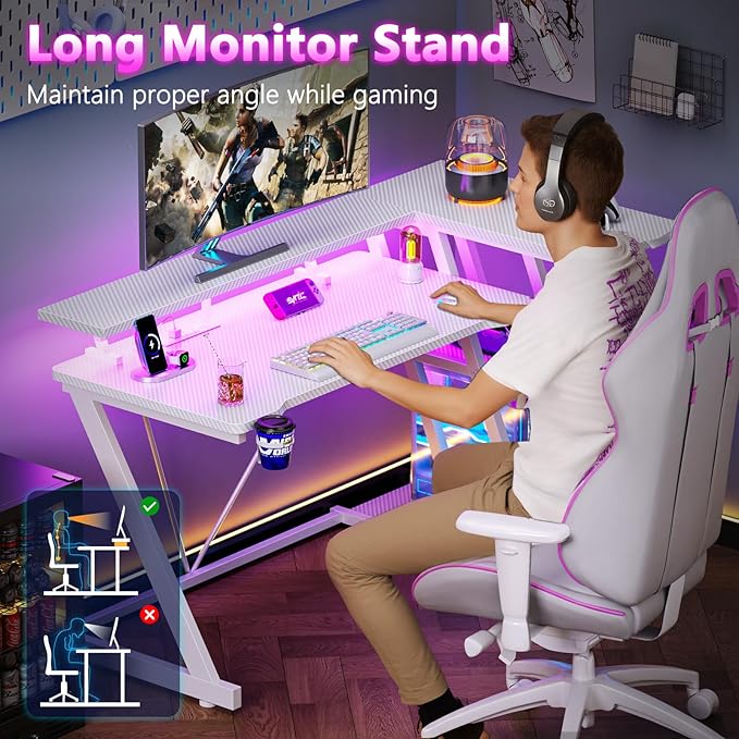 47 Inch White Gaming Desk with Power Outlet & LED Lights, Corner Computer Desk - Image 8