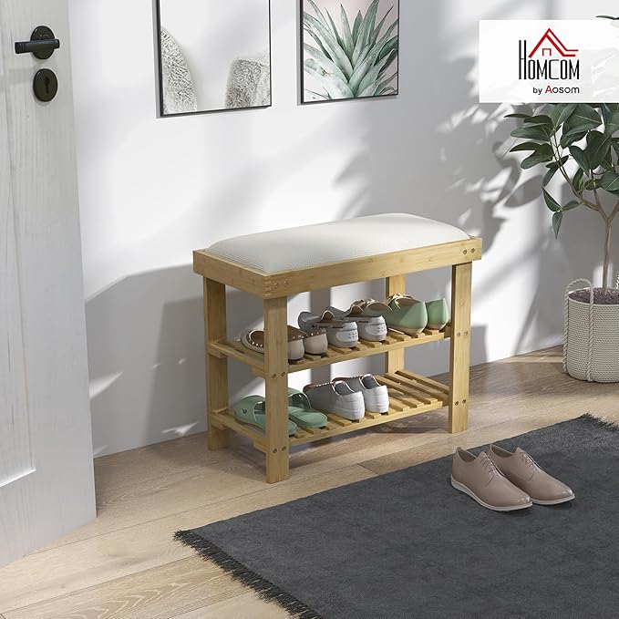 HOMCOM Bamboo Shoe Bench, 3-Tier Entryway Bench - Image 2