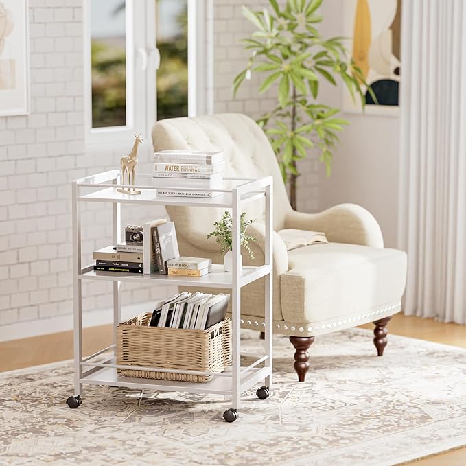 HITNET White Bar Cart, Home Bar Serving Cart, Kitchen Trolley on Wheels - Image 8