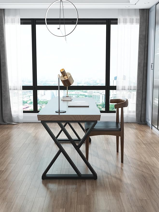 Solid Wood Desk 55 inches Wide Home Office Desk, Metal Modern Industrial - Image 4