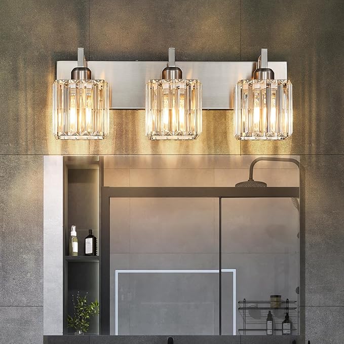 Modern Bathroom Vanity Light 3-Lights Brushed Nickel Vanity Light Crystal Wall - Image 3