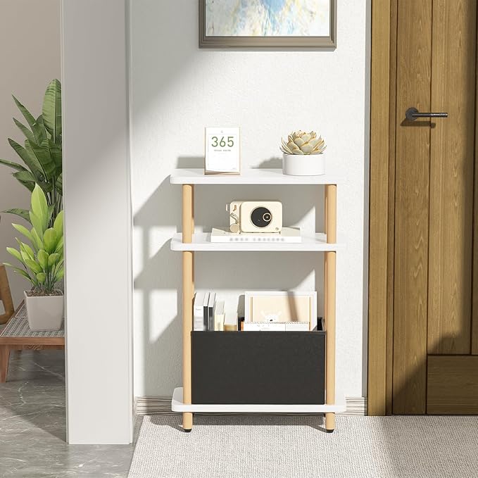 Narrow Side Table with Fabric Basket, 3 Tier Skinny End Table with Wood Legs - Image 2